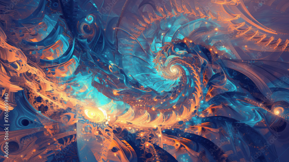 Blue and gold abstract fractal spiral with celestial accents Blue and gold abstract fractal spiral with celestial accents