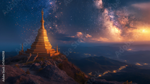 Temple pagoda at the top of stone moutain  gold pagoda in the night time with the night sky and milky way
