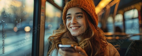 Smiling Woman Using Phone In The Train © Влада Яковенко