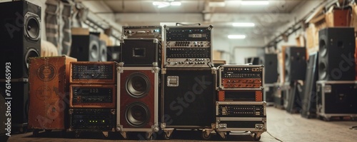 Speakers and sound equipment cases backstage photo