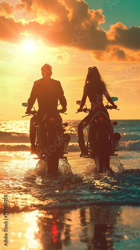 Stylish couple on motorcycles on the ocean beach
