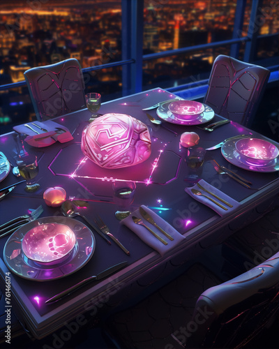 Futuristic fine dining table with a glowing orb centerpiece in a modern high-rise building with a city??. photo
