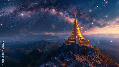 Temple pagoda at the top of stone moutain, gold pagoda in the night time with the night sky and milky way