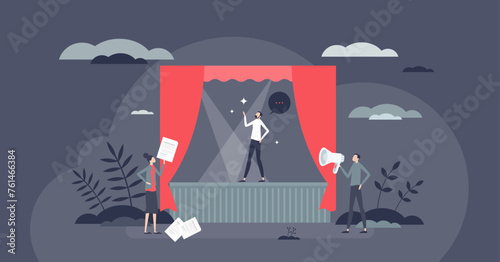 Theater rehearsal and dramatic performance on stage tiny person concept. Show practice with actors, director and stage designer vector illustration. Classical entertainment art show with spotlights. photo