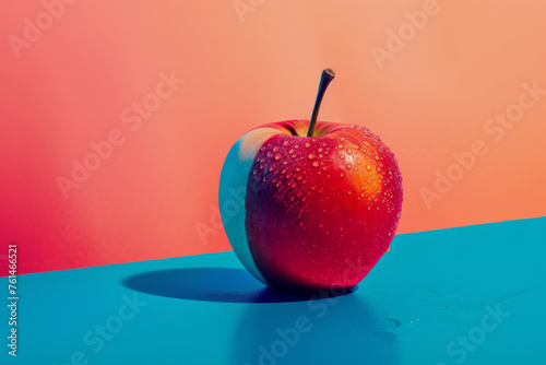 Fresh red apple with water droplets on blue surface
