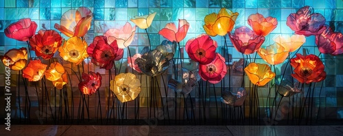 various colorful poppies in front of a wall illuminated