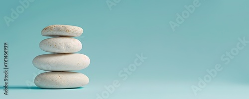 White sea pebble stone stack on light blue background