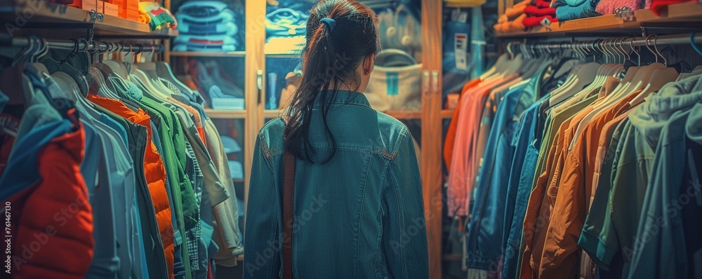 Obraz premium Woman looking clothes on coat rack
