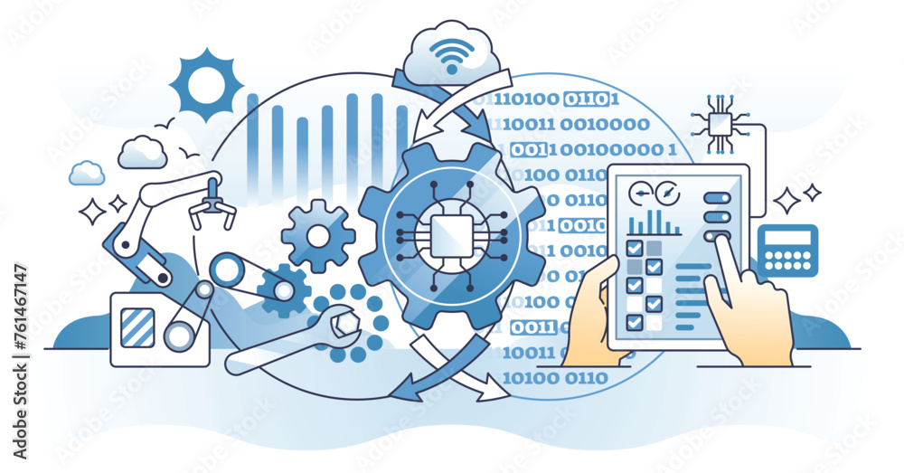 Cyber physical systems as smart and innovative manufacturing outline concept. State of the art technology with automation solutions and combination of digital and manual processes vector illustration - obrazy, fototapety, plakaty 