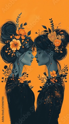 women with stylish hair and wreaths on necks standing romantically together against orange background and looking