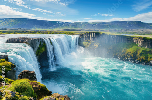landscape photo of the waterfall Godafoss in Iceland with blue water and green hills