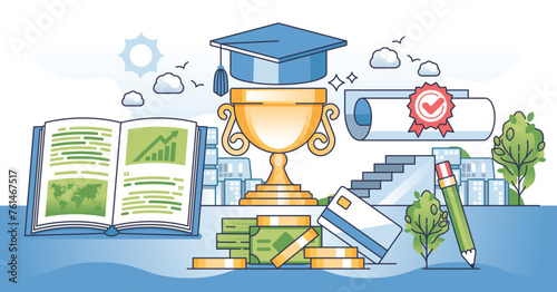 Scholarship credit for students as financial education loan outline concept. University, school or college savings to pay for expensive bachelor studies vector illustration. Graduation tuition price.