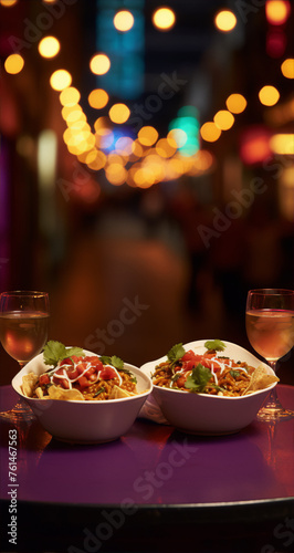 Two bowls of food with wine glasses on a table with a blurry background of city lights.
