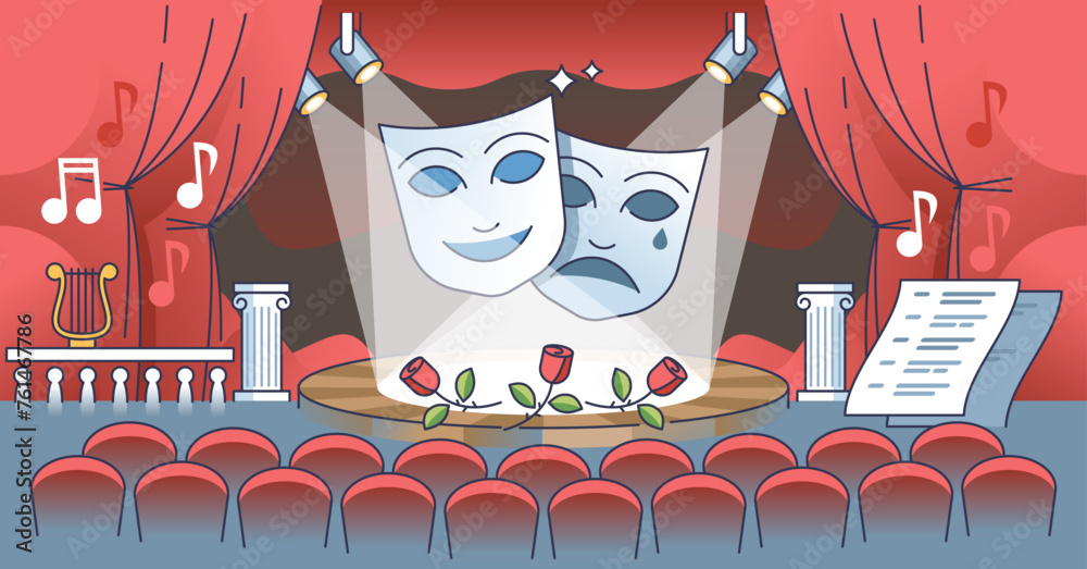 Theater performance with acting show on classical stage outline concept ...