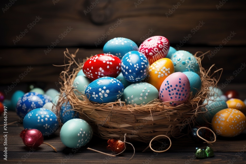 Easter eggs in the basket of wooden boards - generative ai Easter eggs in the basket of wooden boards - generative ai