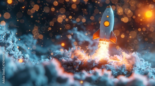 A vibrant image depicting a rocket launching into the cosmos, surrounded by fiery boosters and a dusting of stardust against a deep blue backdrop