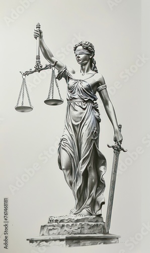 A monochrome depiction of the Lady Justice statue holding balanced scales symbolizing fair judgment and law enforcement
