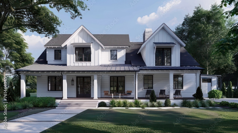 A stunning representation of a modern white house with dark roofing surrounded by lush greenery and a clear blue sky, showcasing contemporary living A stunning representation of a modern white house with dark roofing surrounded by lush greenery and a clear blue sky, showcasing contemporary living