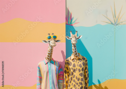 Summer portrait of two casual giraffes standing as a human on street against pastel multi colored wall.