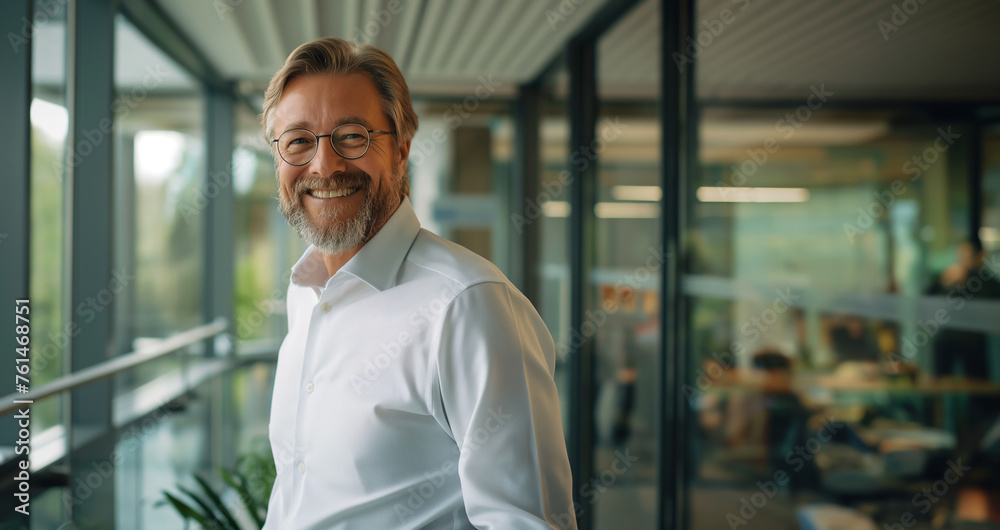 A likeable businessman stands in a modern office with glass walls and smiles into the camera - the topic is board of directors, career and success - obrazy, fototapety, plakaty 