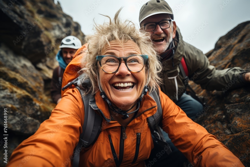 Senior couple 65 plus, climbing in mountains Seniors in active recreation. Healthy lifestyle concept - obrazy, fototapety, plakaty 