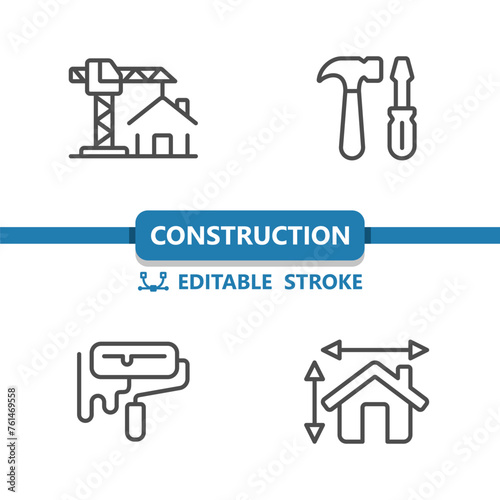 Construction Icons. Home Improvement, Tools, Paint Roller, Hammer, House Icon