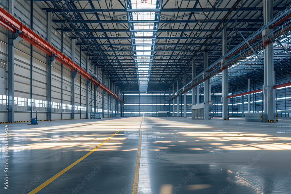 Open indoor space of distribution warehouse. AI technology generated image