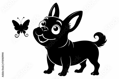 A black silhouette a joyful cartoon French bulldog stands with a butterfly on his nose with his hind legs outstretched, facial details
