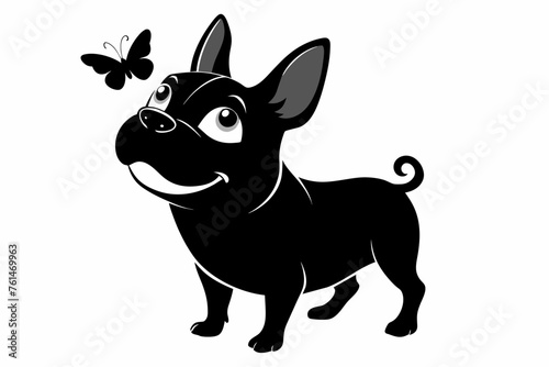 A black silhouette a joyful cartoon French bulldog stands with a butterfly on his nose with his hind legs outstretched, facial details