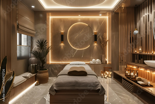 Luxurious spa room with soft towels, golden lighting, and sleek marble walls.