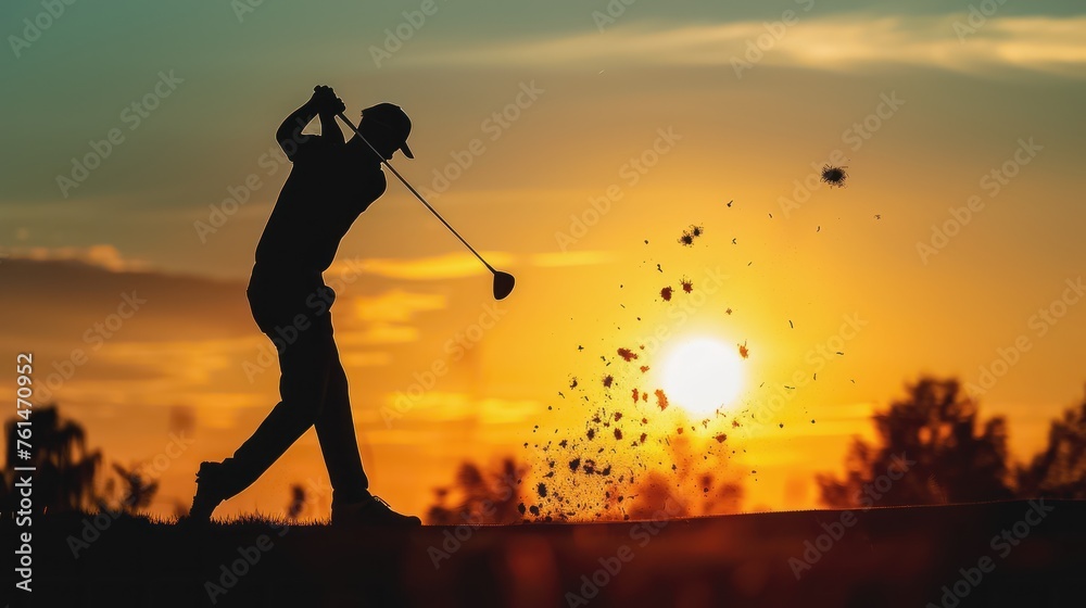 A man is swinging a golf club at a ball on a course. The sun is setting in the background, creating a warm and peaceful atmosphere