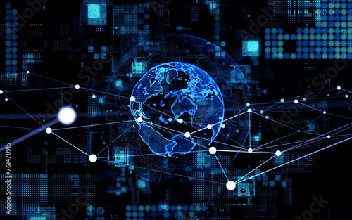 Global communication network concept. communication satellite. Satellite constellation. Planet earth in cyberspace.