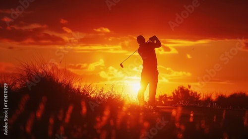 A man is playing golf in the sunset. The sky is orange and the grass is tall. The man is focused on his swing and the ball is in the air