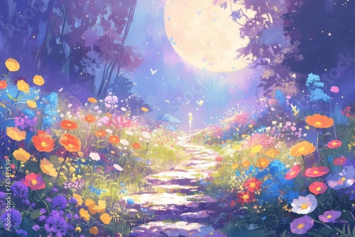 A path leading to the moon in an enchanted garden  surrounded by colorful flowers and mushrooms  with fairies flying around.