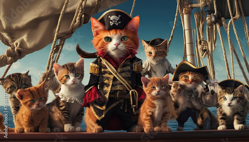 Pirate cats on the ship in the sea.