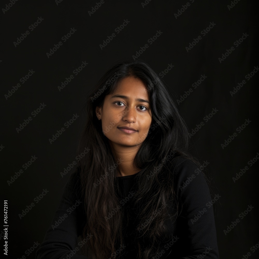 A young woman poses for a portrait photograph.. Fictional character created by Generated AI. A young woman poses for a portrait photograph.. Fictional character created by Generated AI.