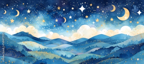 A whimsical watercolor illustration of an ethereal night sky, filled with twinkling stars and floating moons