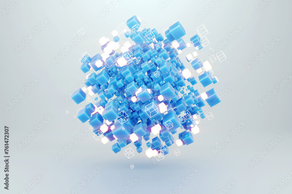 Fototapeta premium Blockchain technology, big data, neural network blocks, artificial intelligence training. Hi-tech background, technology background, 3D rendering, copy space.