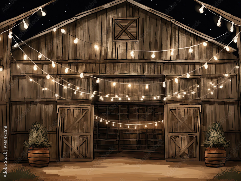 Captivating illustration: A rustic barn wedding scene, complete with weathered wood, stone walls, and picturesque countryside backdrop