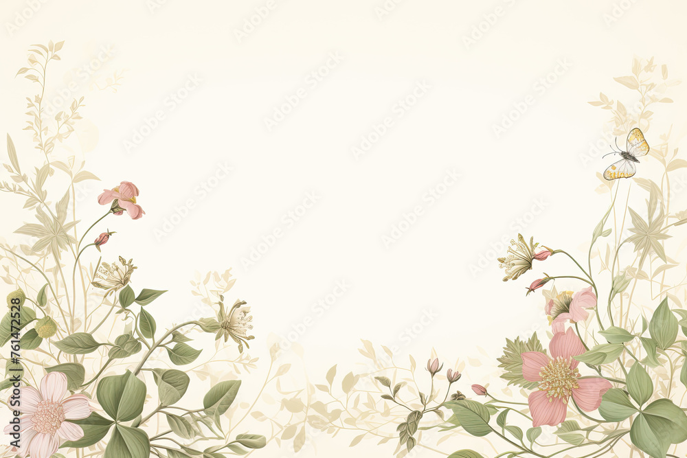 Fototapeta premium Exquisite vintage vector: intricate botanical motifs, delicate flowers, leaves, vines in ornate border. Ideal for vintage wedding invites & stationery