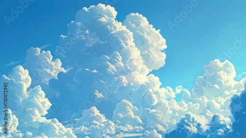 Expansive view capturing the awe-inspiring beauty of billowing cumulus clouds, bathed in sunlight against a deep blue sky photo