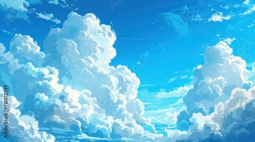 A serene and uplifting depiction of a clear blue sky filled with numerous fluffy white clouds bathing in abundant sunshine Perfect for backgrounds and nature themes