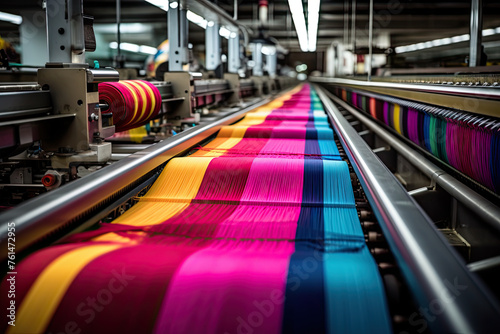 Experience the synergy of efficiency and creativity as colorful textiles cascade along a dynamic conveyor belt in a concept factory's artistic composition