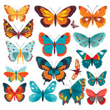 Tropical exotic colorful butterflies vector set. Isolated beautiful Butterfly collecion on white background. Elements. Bright Summer insects. Decorative ornte hand drawn butterflies for your design