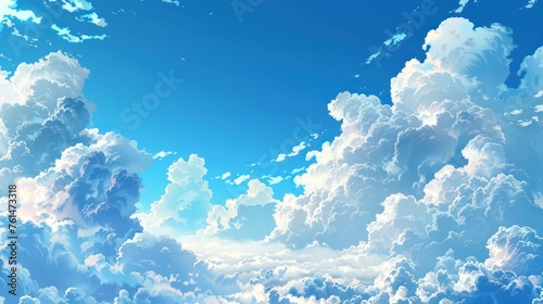This image depicts an expansive view of fluffy white clouds scattered across a bright blue sky, evoking a feeling of openness and tranquility