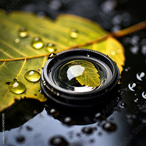 World Photography Day tribute: A lens reflected in a dewdrop on a leaf, encapsulating the photographer's distinct vision and world view