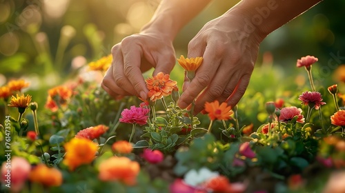 Hands tenderly caring of flowers growing  in the soil photo