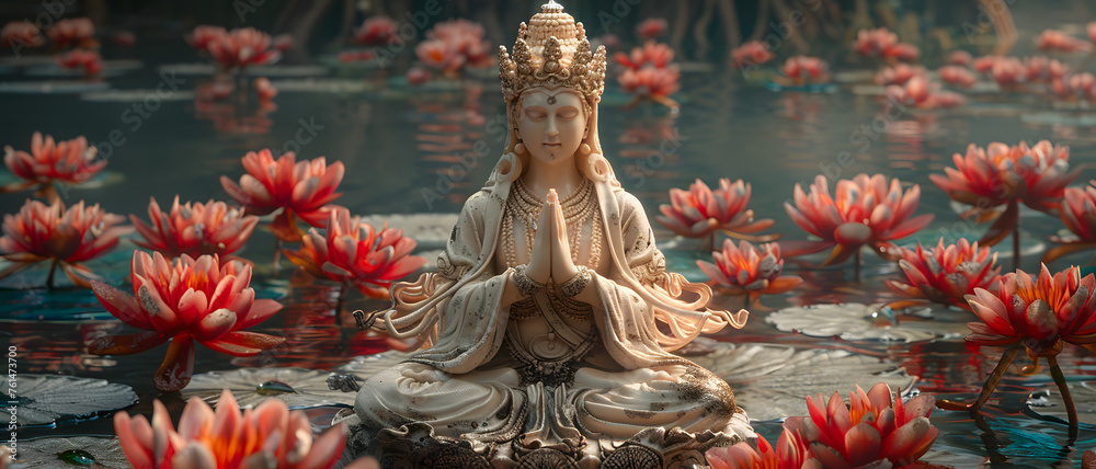 A serene Buddha statue is depicted sitting among blooming lotus flowers, symbolizing purity and enlightenment