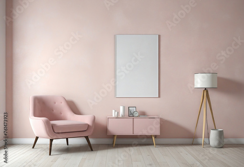 Light pink armchair on an empty light wall backdrop © Fukurou
