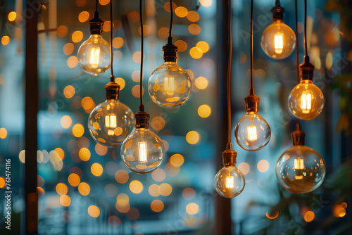 Photo of Hanging light bulbs with depth of field and ouf of focus light bokehjpg (1) photo